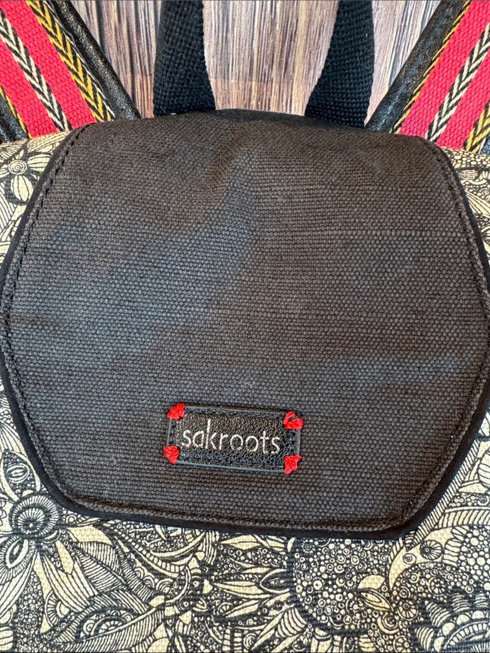 Sakroots Black and Cream Floral Canvas Backpack with Pink Accent Straps - Picture 2 of 14